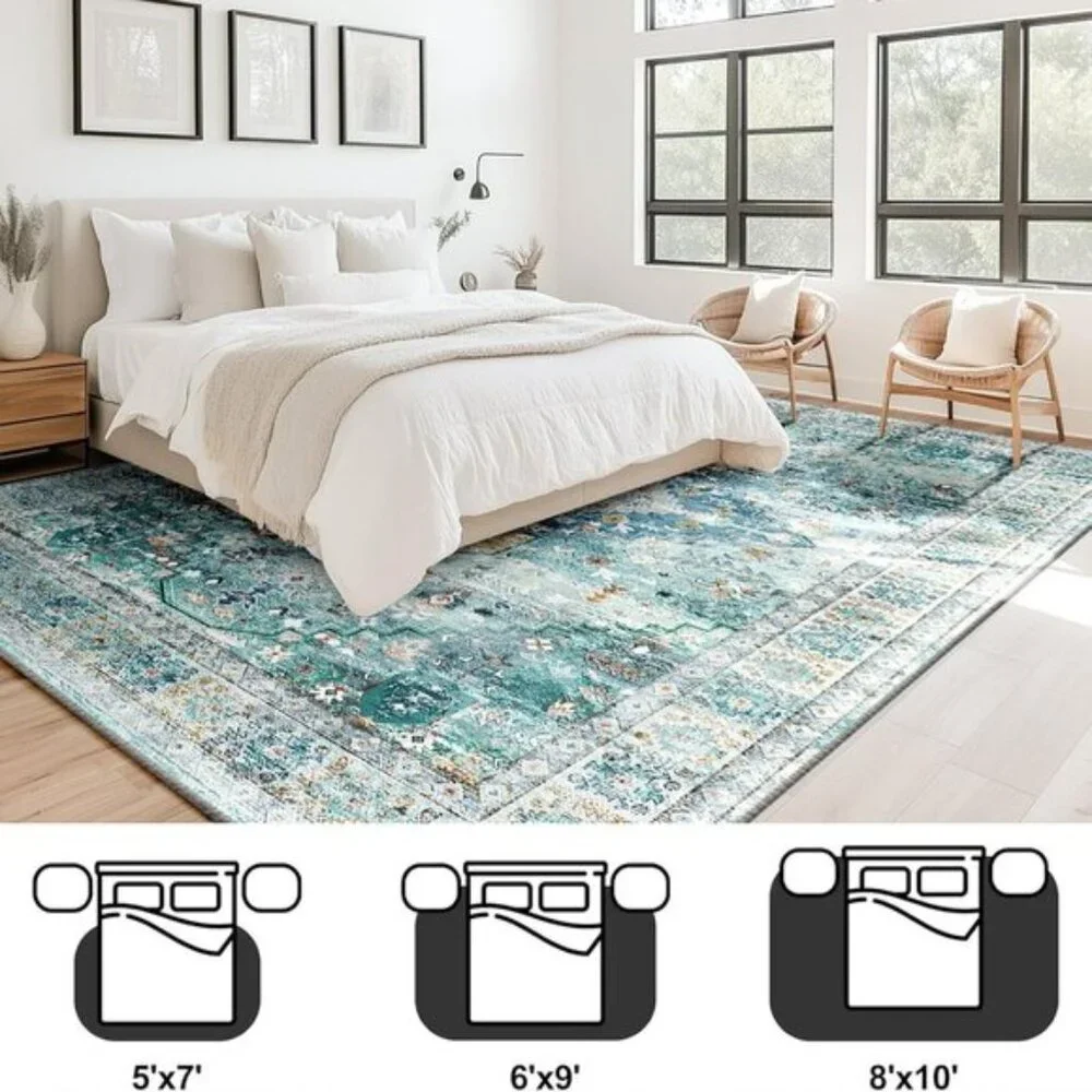 5x7 Green Boho Area Rug, Washable, No Pile, Non-Slip Vintage Distressed Carpet